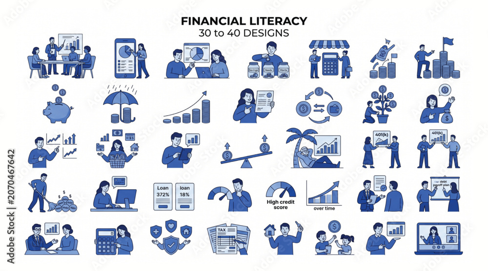 Fototapeta premium Financial literacy and investment management flat vector illustration collection with financial literacy investment business management analysis currency accounting planning strategy