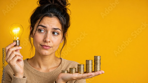 A woman holds a glowing light bulb in one hand and stacked coins in the other, symbolizing ideas and financial growth, against a bright yellow background.