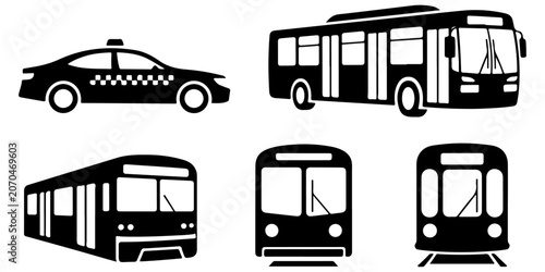 Public transportation vehicle icon set featuring bus, tram, trolleybus and urban transit silhouettes, black vector transportation symbols