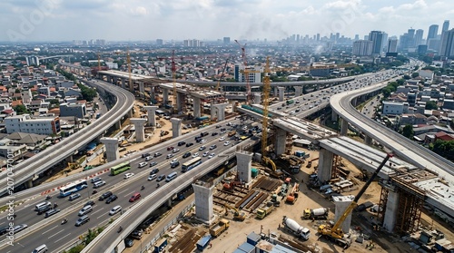Aerial view of highway interchange construction in urban cityscape.
