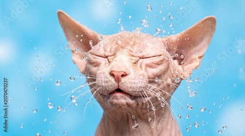 Happy Sphynx Enjoying Warm Water Drops Headshot