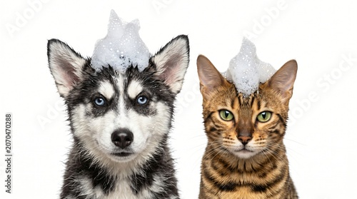 Husky and Bengal Cat Bubble Mohawk Hairstyle Portrait