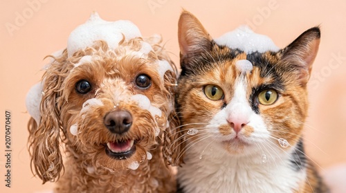 Poodle and Calico Cat Covered in Soft Suds Mockup
