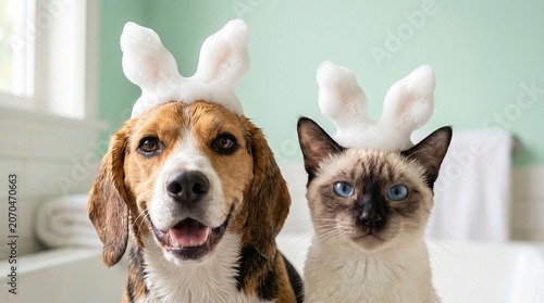 Beagle and Siamese Cat Foam Bunny Ears Close Up