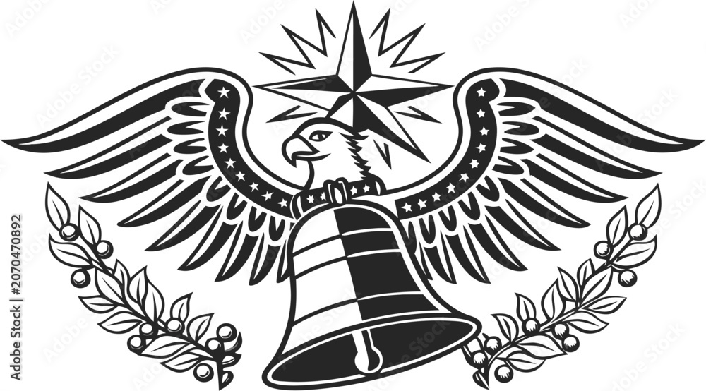 Fototapeta premium Mexican Independence Day Vintage with Eagle Bell Wings and Laurel Branches Patriotic Vector Emblem