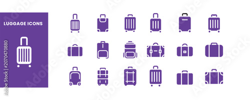 Luggage Bag Icon Set Vector Glyph Solid Purple Travel Symbol Collection