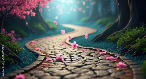 Stone path in a dark forest with falling pink cherry blossom flower petals