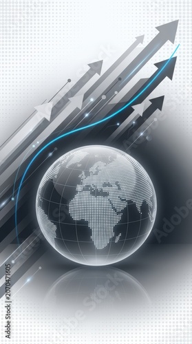 Dotted globe with rising arrows, abstract digital background, in grey and, blue tones