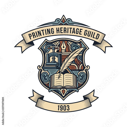 Obraz na plátně Vintage printing guild emblem with press and quill.