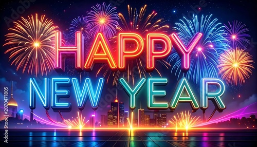Vibrant Neon Happy New Year Text Glowing Over Night City Skyline with Fireworks