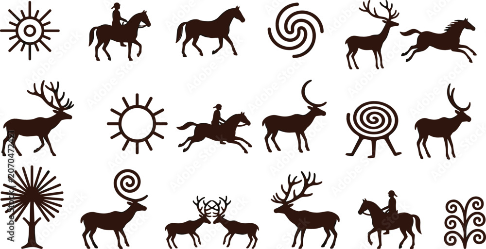 Obraz premium Ancient Cave Painting Style Icon Set with Deer Horses Sun Symbols and Tribal Elements for Historical Culture and Archeology Designs