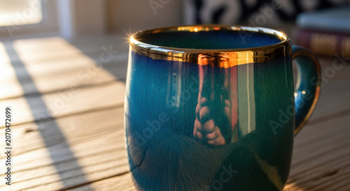 Beautiful blue ceramic coffee mug sitting on a wooden table in morning sunlight