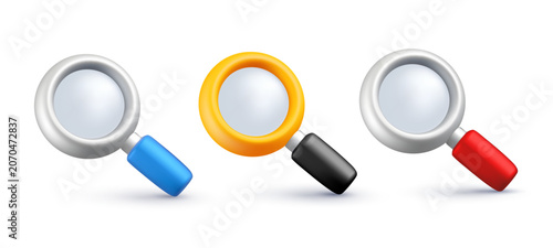 Billede på lærred Colorful 3d magnifying glass icons set, realistic plastic search loupe