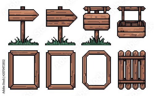Vintage pixel art wooden game assets featuring signposts and frames with soft shadows for retro interface development.