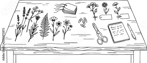 Hand drawn flowers, scissors, paper clips, tags, notebook, and pen on a wooden table