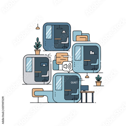 Bild auf Leinwand A collection of modern soundproof office pods for focused work environments
