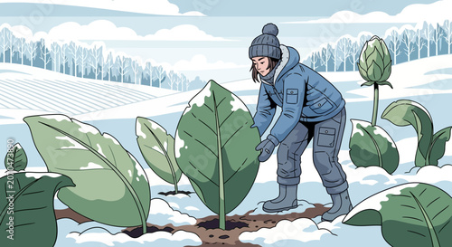 Winter Planting Guide with Large Leafy Plants Outdoors