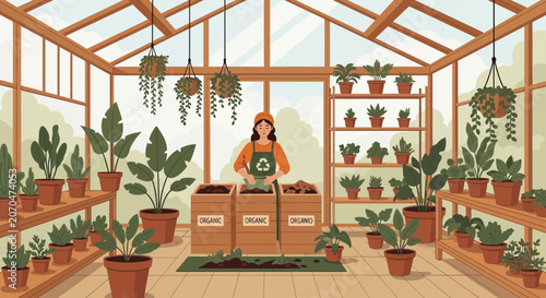 Gardener Tending Organic Plants in Bright Greenhouse Environment