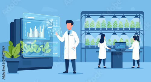 Scientists Analyzing Plant Growth Data in Advanced Lab Setting