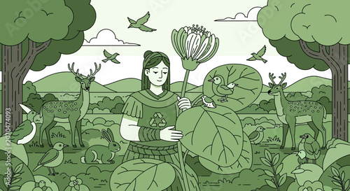 Young Woman Holding Giant Dandelion Surrounded by Forest Wildlife