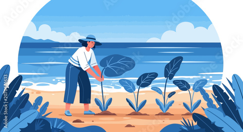 Gardening by the Sea with Lush Green Plants and Ocean View
