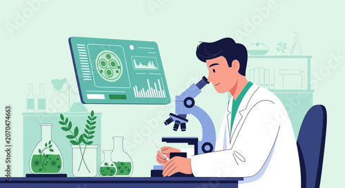Scientist Analyzing Plant Cells Under Microscope in Lab Setting
