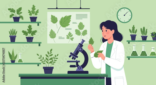 Scientist Analyzing Plant Leaves Under Microscope in Lab Setting