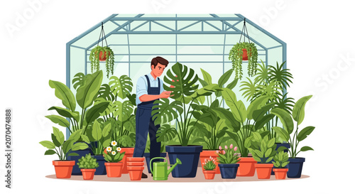 Gardener Tending Lush Indoor Plants in Bright Greenhouse Setting