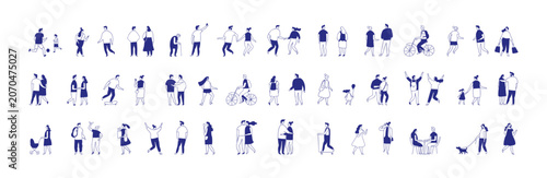 Urban crowd line art set with couples, children, bicycle and daily life scenes