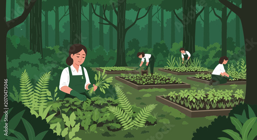 Happy Gardeners Tending Lush Indoor Plant Beds in Greenhouse