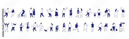 Urban crowd line art set with couples, children, bicycle and daily life scenes