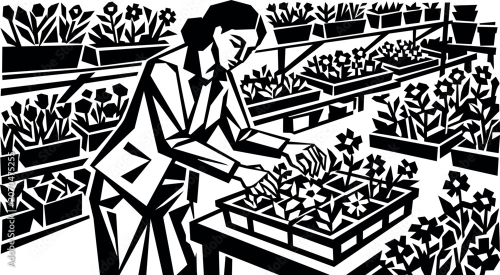 Fototapeta premium Woman arranging potted flowers in a plant nursery with multiple shelves