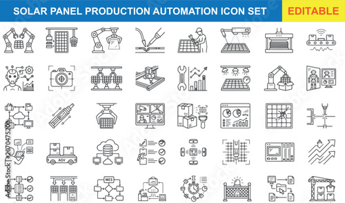 Photos Editable solar panel production automation icons set