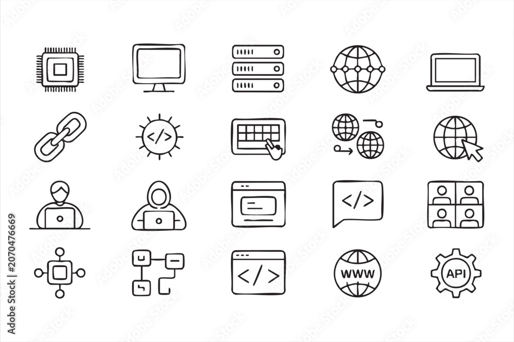 Fototapeta premium Minimal web development line icons featuring code, server, laptop, network and developer workflow symbols
