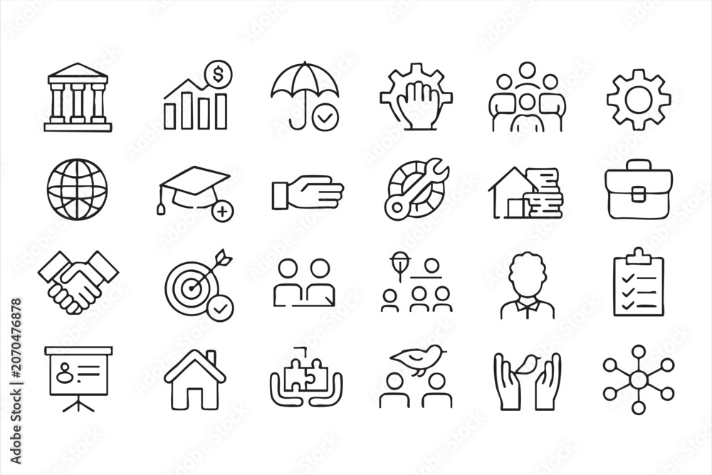 Fototapeta premium Corporate management icon set for business planning, professional support, investment and organization graphics
