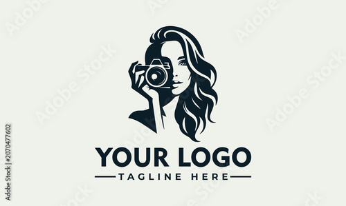 Professional woman photographer silhouette in hexagonal frame vector logo illustration