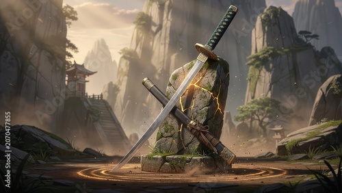 Stone Breath of the Mountain — Divine Sacred Weapon Fantasy Game Concept Art, Cinematic Key Visual｜山の石息吹 — 神聖なる武器 ファンタジーゲームコンセプトアート 和風幻想