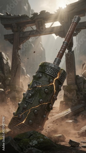 Stone Breath of the Mountain — Divine Sacred Weapon Fantasy Game Concept Art, Cinematic Key Visual｜山の石息吹 — 神聖なる武器 ファンタジーゲームコンセプトアート 和風幻想