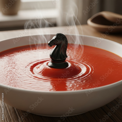 Black chess knight piece floating in a bowl of hot red tomato soup with steam