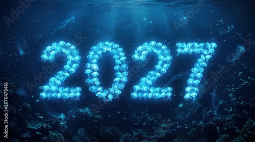 2027 New Year greeting card concept with glowing blue jellyfish forming numbers underwater deep sea marine life background for futuristic celebration and digital art