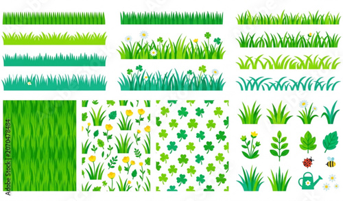 Obraz na plátne Fresh grass border and seamless lawn pattern flat vector set