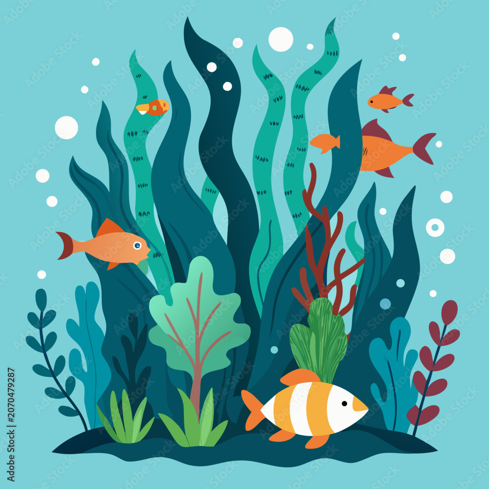 Fototapeta premium Cute Fish Swim in Vibrant Kelp Forest Scene