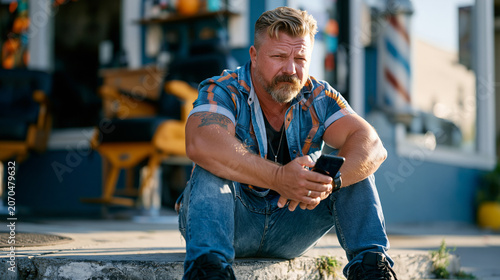 stocky man in his forties sitting alone outside barbershop on concrete step under harsh midday sun, elbows on knees, conflicted expression suggesting reluctance about seeking professional counseling