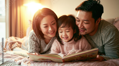 A happy family of three, parents and child, sharing a joyful moment reading a book together on a cozy bed in warm natural light.