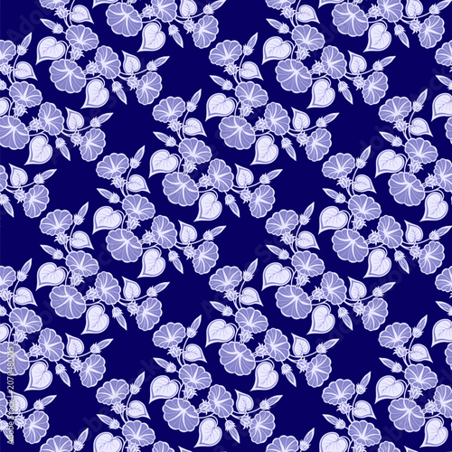 Seamless diagonal floral pattern. Wallpaper with white and cornflower morning glory and bindweed flowers on a dark blue background. Vector illustration.