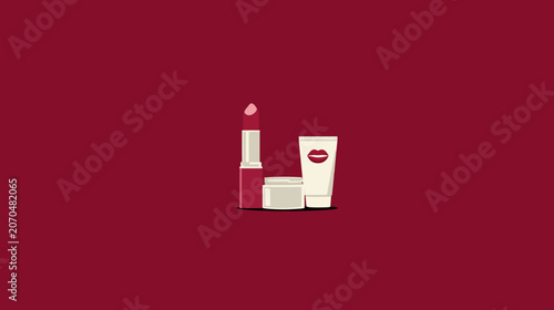 Cosmetics illustration lipstick cream and lotion against a red background