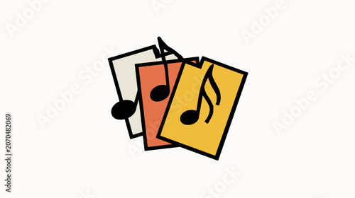 Colorful music notes on rectangular cards illustration on white background