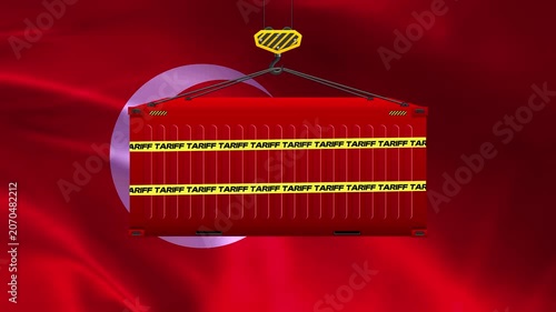 Turkey's Trade Barrier: A cargo container, marked with yellow 'Tariff' tape, is suspended by a crane over the Turkish flag, symbolizing import restrictions and economic challenges.