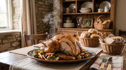 Cozy autumn holiday celebration dinner with homemade roasted turkey near the window. Beautifully decorated table for winter holidays with hot roasted chicken and rosemary