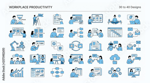 Workplace productivity and office management vector icon collection with workplace productivity management efficiency business scheduling workflow collaboration professional organization